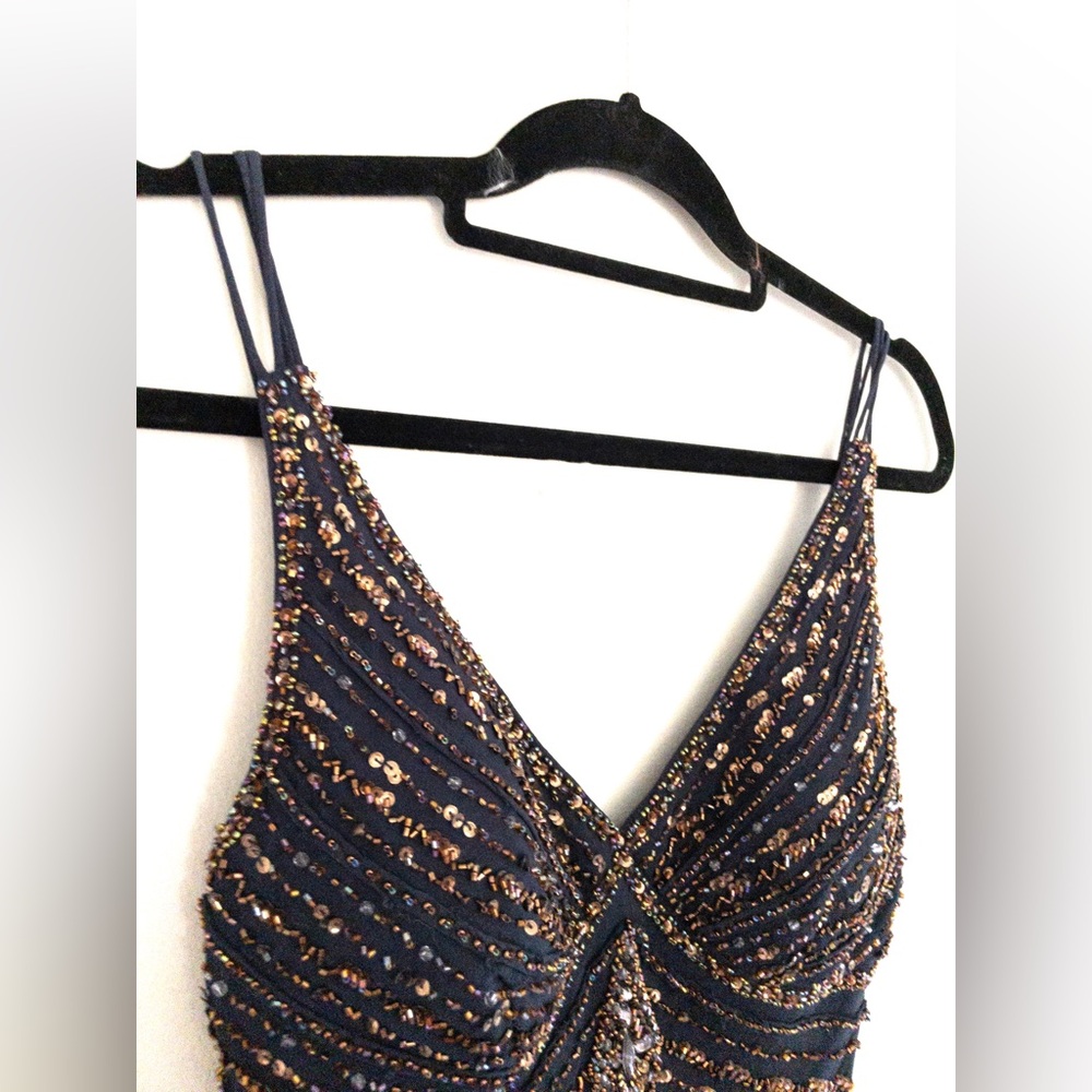 Vintage 90s Sue Wong Nocturnals Beaded Sequin Flapper Dress Navy Fringe Size 8 - Picture 8 of 13